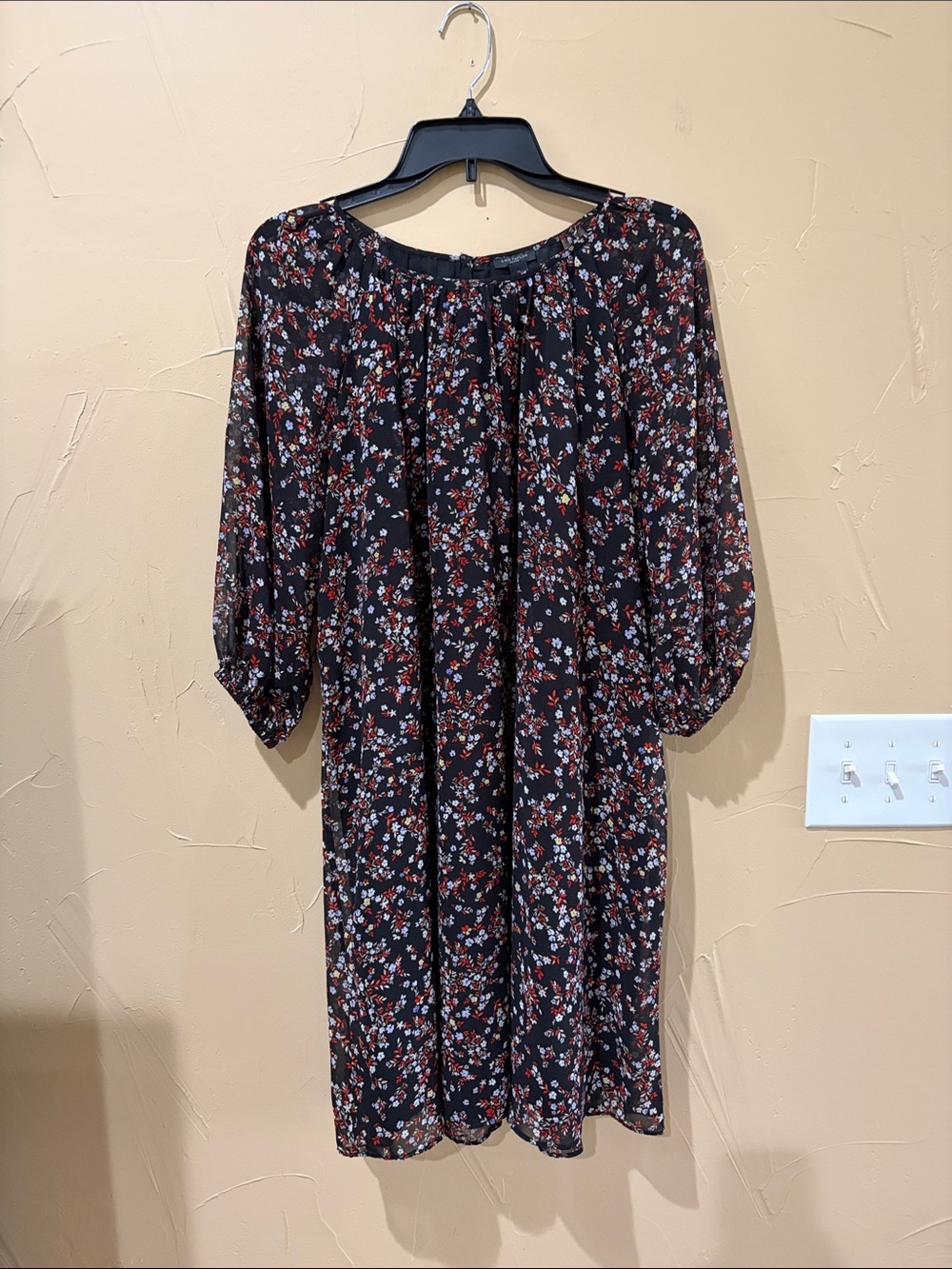 Ann Taylor Black Floral Midi Dress with Red & White Accents